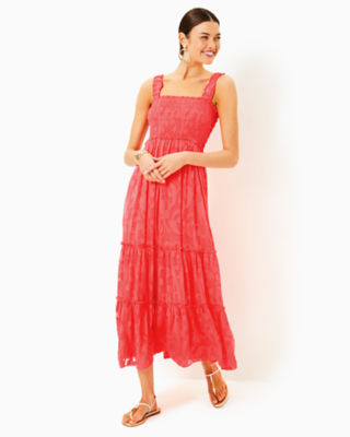 Hadly Smocked Maxi Dress, Mizner Red Poly Crepe Swirl Clip, large - Lilly Pulitzer