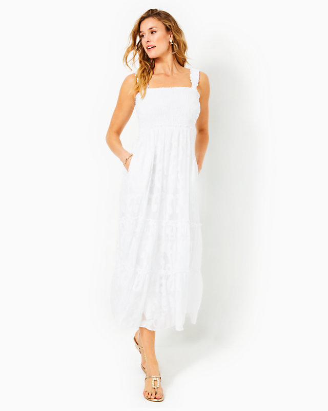 Hadly Smocked Maxi Dress, Resort White Poly Crepe Swirl Clip, large - Lilly Pulitzer
