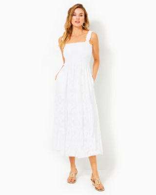 Hadly Smocked Maxi Dress, Resort White Poly Crepe Swirl Clip, large image undefined