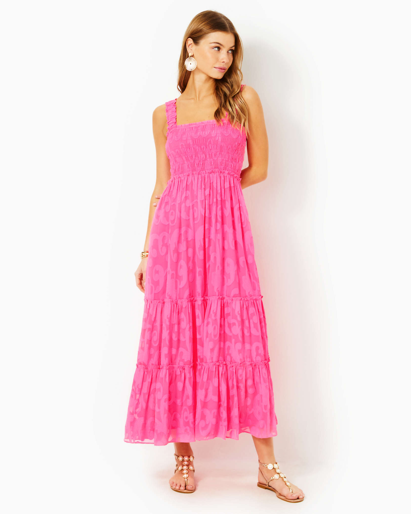 Lilly Pulitzer Hadly Smocked Maxi Dress In Roxie Pink Poly Crepe Swirl Clip