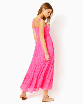 Hadly Smocked Maxi Dress, Roxie Pink Poly Crepe Swirl Clip, large image undefined