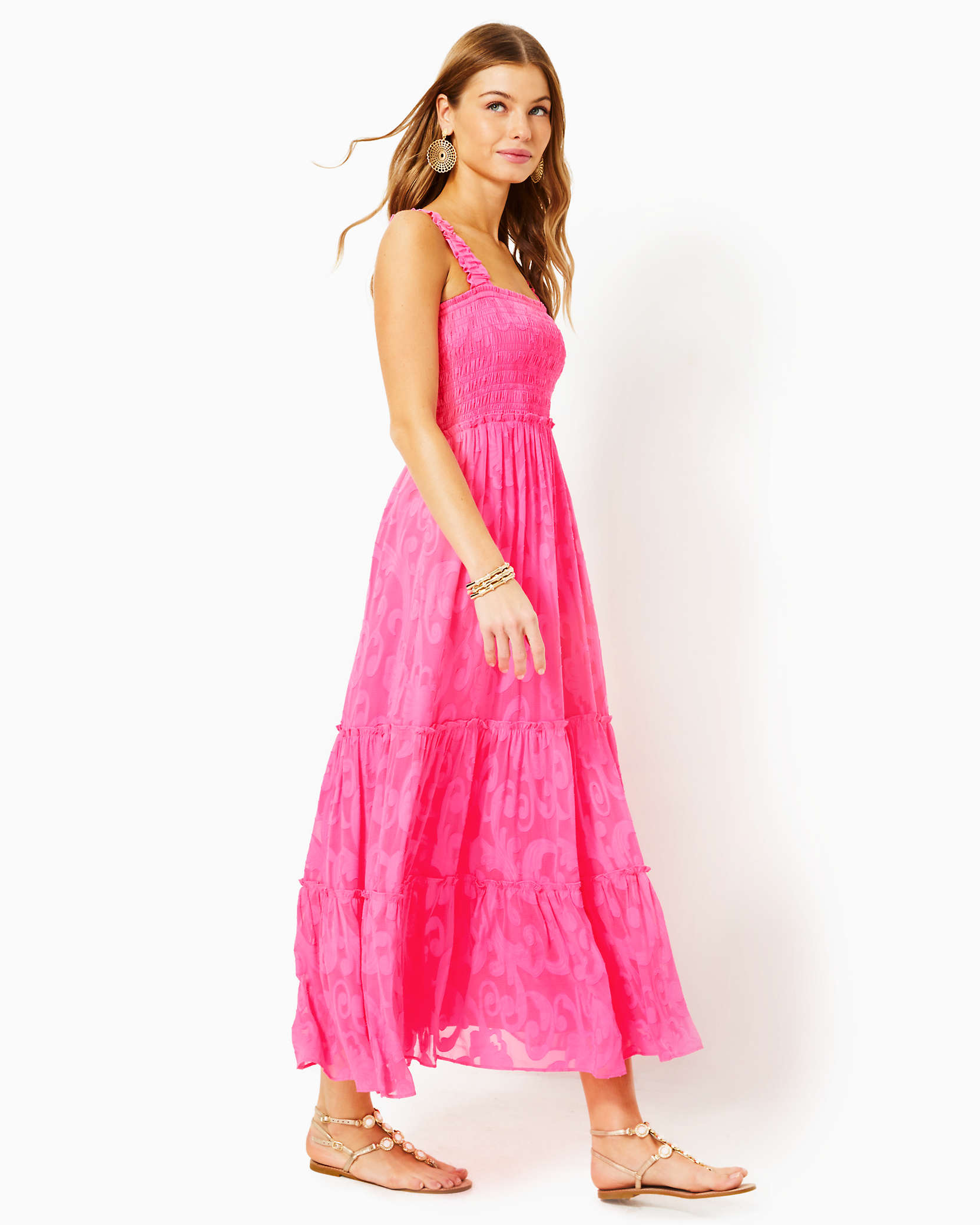 Shop Lilly Pulitzer Hadly Smocked Maxi Dress In Roxie Pink Poly Crepe Swirl Clip