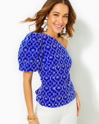 Delilah One-Shoulder Eyelet Top, , large - Lilly Pulitzer