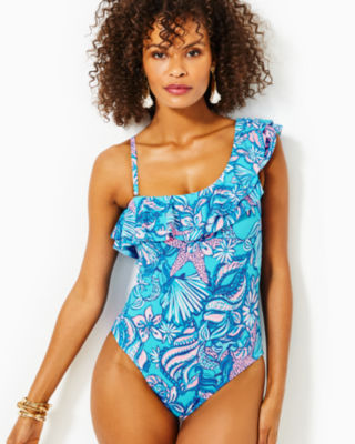 G.I.L.I. Convertible Ruffle Top One-Piece Swimsuit Blue Floral, Size 14,  A375138