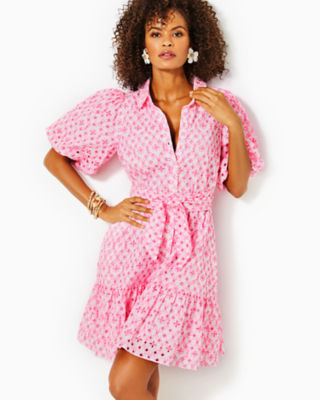 Cartley Elbow Sleeve Eyelet Shirtdress, Resort White X Havana Pink Flutter Eyelet, large - Lilly Pulitzer