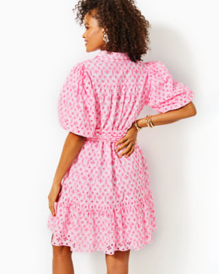 Cartley Elbow Sleeve Eyelet Shirtdress, Resort White X Havana Pink Flutter Eyelet, large image 2 - Lilly Pulitzer