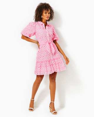 Cartley Elbow Sleeve Eyelet Shirtdress, Resort White X Havana Pink Flutter Eyelet, large image 3 - Lilly Pulitzer