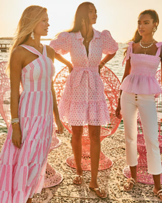 Cartley Elbow Sleeve Eyelet Shirtdress, Resort White X Havana Pink Flutter Eyelet, large image 4 - Lilly Pulitzer