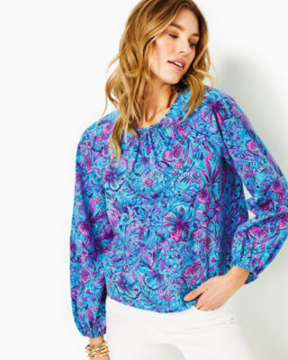 Lilly Pulitzer Rilynn Long Sleeve Cotton Top In Breakwater Blue Shells N Bells
