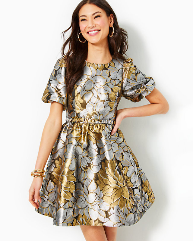 Priyanka Short Sleeve Floral Jacquard Dress, Gold Metallic Peony Parade Brocade, large - Lilly Pulitzer