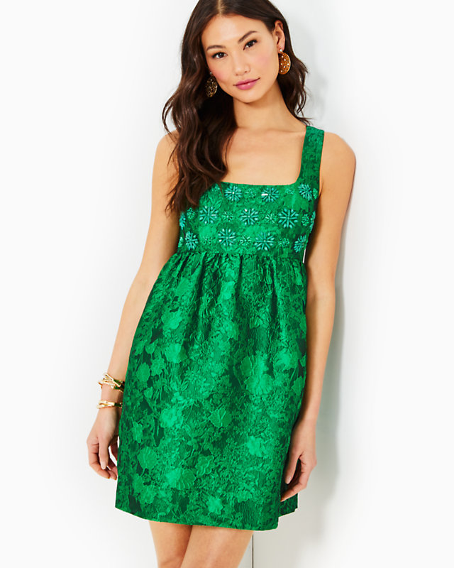 Bellami Embellished Floral Jacquard Dress, Kelly Green Leaf An Impression Jacquard, large - Lilly Pulitzer