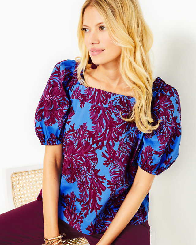 Torrey Short Sleeve Stretch Cotton Top, Abaco Blue Feel Like A Shellebrity, large - Lilly Pulitzer