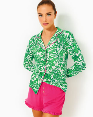 Pajama Knit Button-Up Top, Fiddle Leaf Green Lil Escape Plan Pjs, large - Lilly Pulitzer