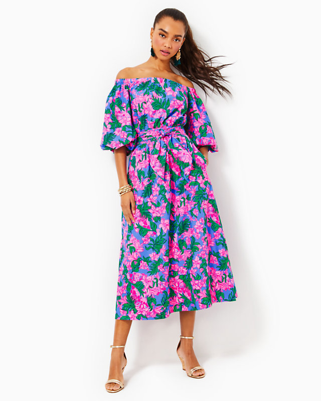 Shawnlee Elbow Sleeve Off-The-Shoulder Cotton Midi Dress, Cerise Pink Safari Sunset, large - Lilly Pulitzer