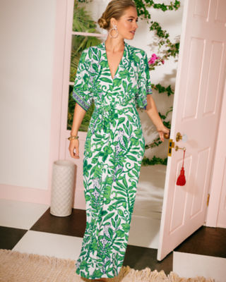 Wisteria V-Neck Maxi Dress, Fiddle Leaf Green Escape Plan Engineered Knit Dress, large - Lilly Pulitzer