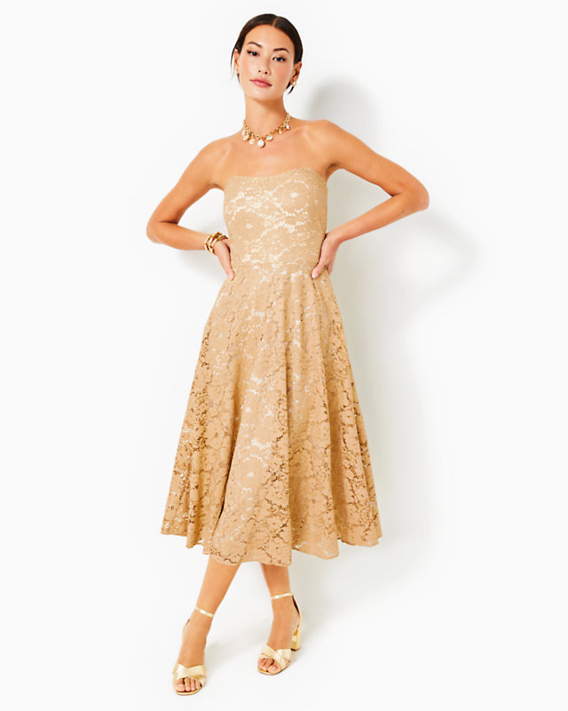 Aubrianna Strapless Midi Dress, Gold Metallic Gilded Floral Lace, large - Lilly Pulitzer
