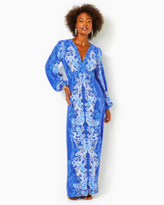 Blue and white long sleeve store maxi dress