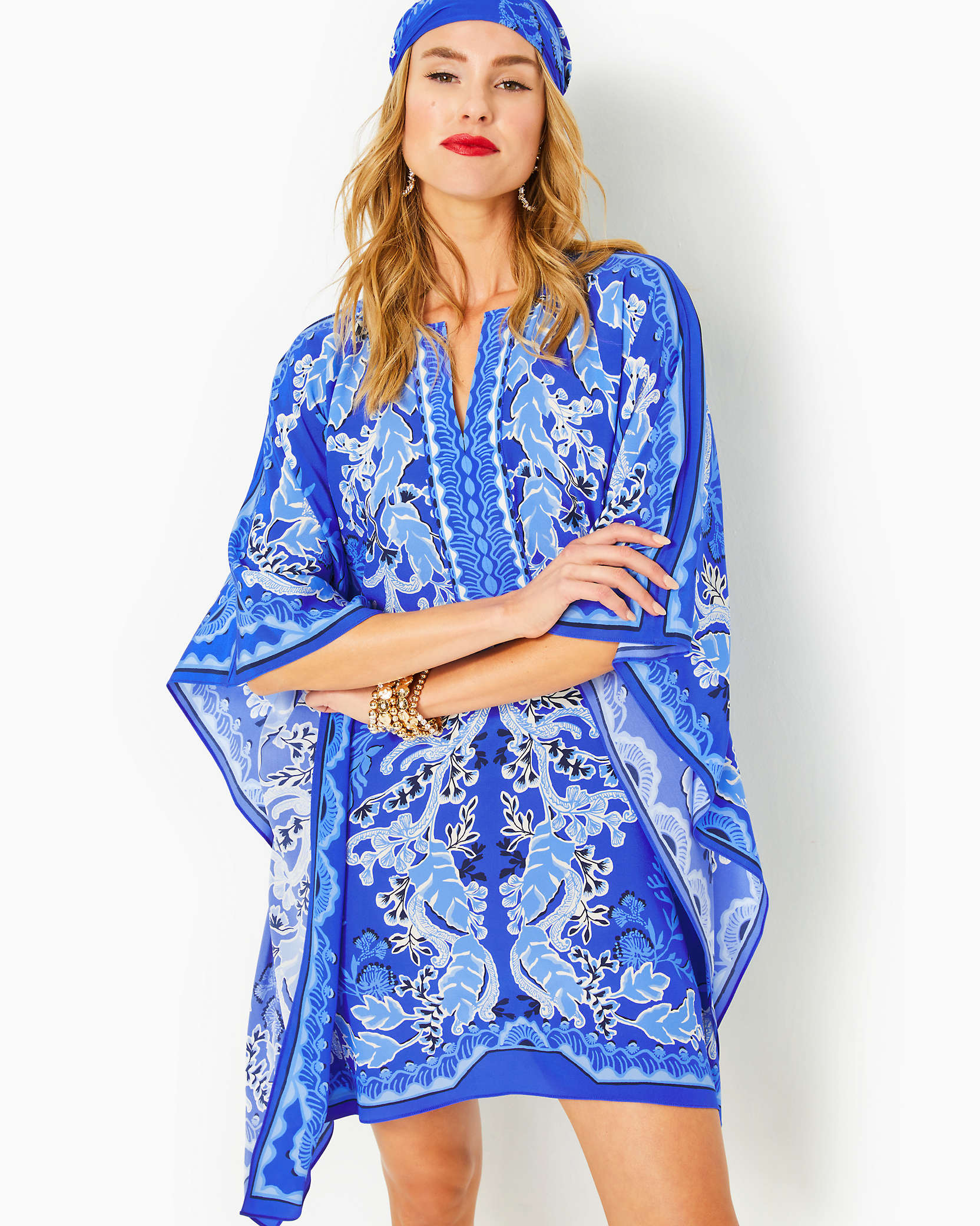 Lilly Pulitzer Cinzia Silk Caftan In Alba Blue Baja Cove Engineered Woven Dress