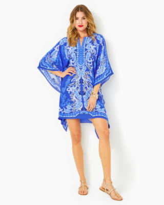 Shop Lilly Pulitzer Cinzia Silk Caftan In Alba Blue Baja Cove Engineered Woven Dress