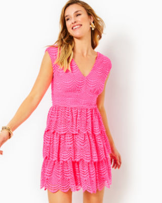 Lilly Pulitzer Faye Lace Ruffle Dress In Roxie Pink Scalloped Shell Lace