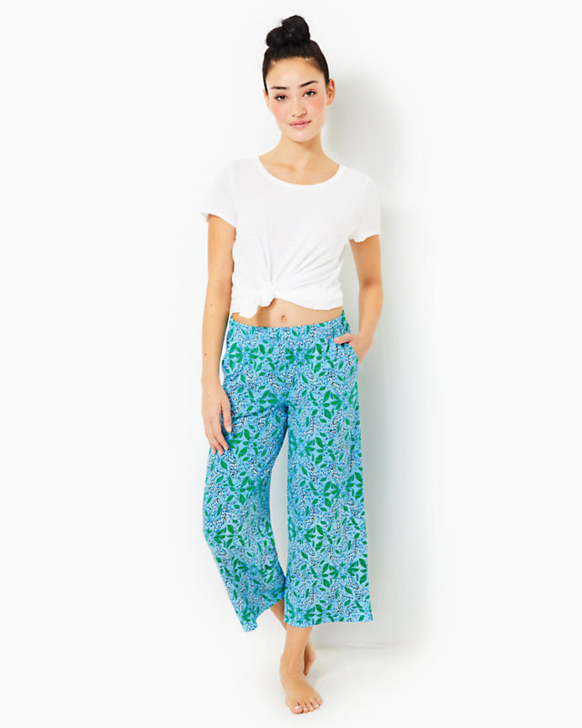 24" Pajama Crop Pant, Bon Bon Blue Leapin Leopards, large - Lilly Pulitzer