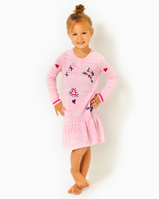 Girls Hani Cotton Sweater Dress, Heathered Peony Pink Valentine Embroidery Childrens, large - Lilly Pulitzer