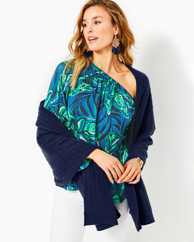 Take Me Away Cashmere Sweater Wrap, True Navy, large - Lilly Pulitzer