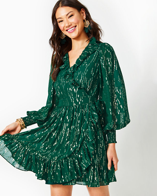 Birdy Long Sleeve Silk Wrap Dress, Evergreen Fish Clip Chiffon, large - Lilly Pulitzer