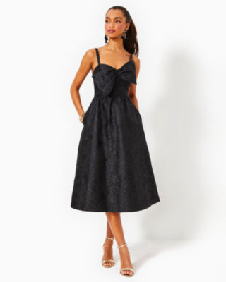 Lilly Pulitzer Ellara Jacquard Midi Bow Dress In Onyx Leaf An Impression Jacquard