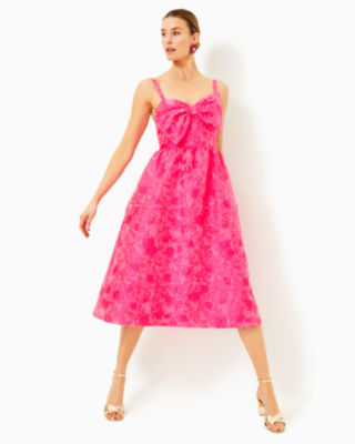 Ellara Jacquard Midi Bow Dress, Passion Fruit Pink Leaf An Impression Jacquard, large - Lilly Pulitzer