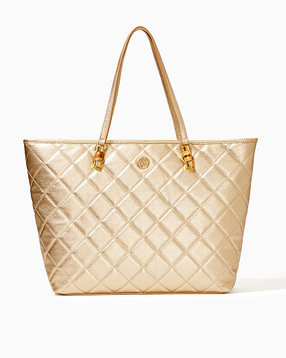 Lilly Pulitzer Quilted Leather Meena Tote In Gold Metallic