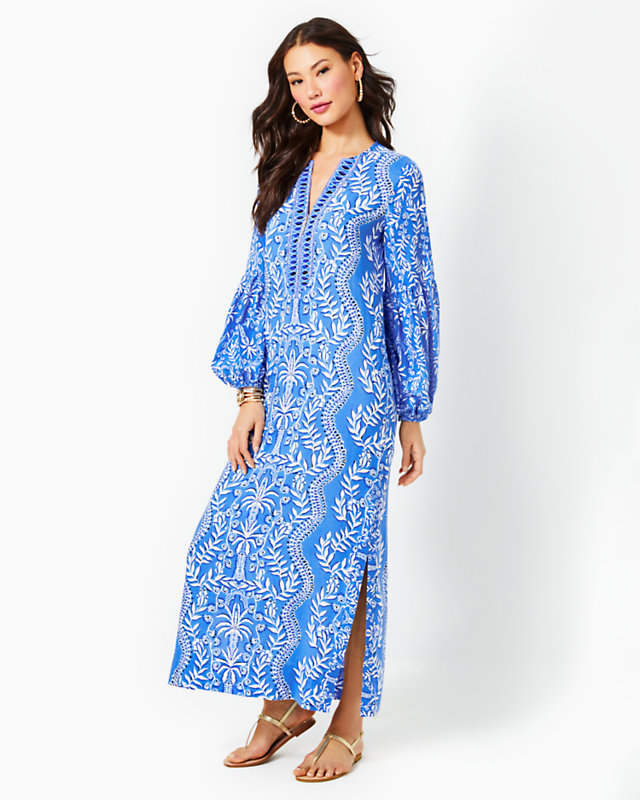 Laurelie Long Sleeve Maxi Caftan, Abaco Blue Have It Both Rays Engineered Woven Maxi, large - Lilly Pulitzer