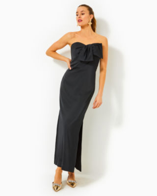 Carlynn Satin Maxi Bow Dress, Noir, large - Lilly Pulitzer