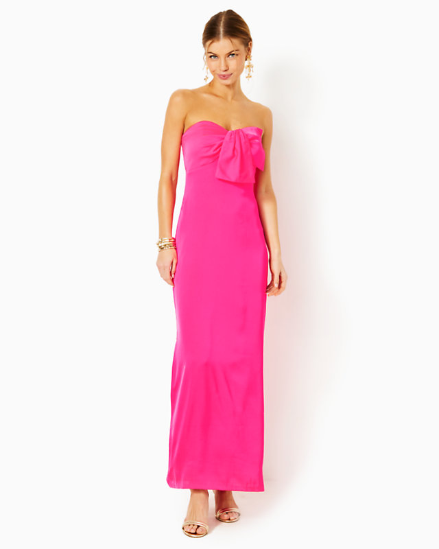 Carlynn Satin Maxi Bow Dress, Pink Palms, large - Lilly Pulitzer