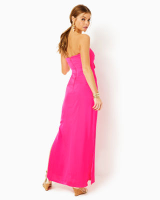 Carlynn Satin Maxi Bow Dress, Pink Palms, large image undefined