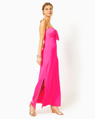 Carlynn Satin Maxi Bow Dress, Pink Palms, large image undefined