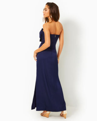Carlynn Satin Maxi Bow Dress, True Navy, large image undefined