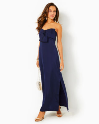 Carlynn Satin Maxi Bow Dress, True Navy, large image undefined