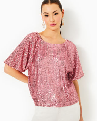 Cressida Sequin Knit Top, Conch Shell Pink Treasure Box Sequin Knit, large - Lilly Pulitzer