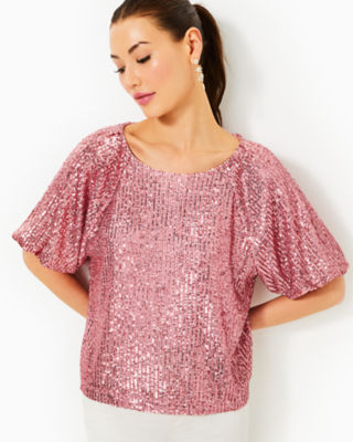 Cressida Sequin Knit Top, Conch Shell Pink Treasure Box Sequin Knit, large image 2