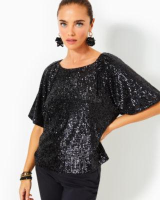 Cressida Sequin Knit Top, Noir Treasure Box Sequin Knit, large - Lilly Pulitzer