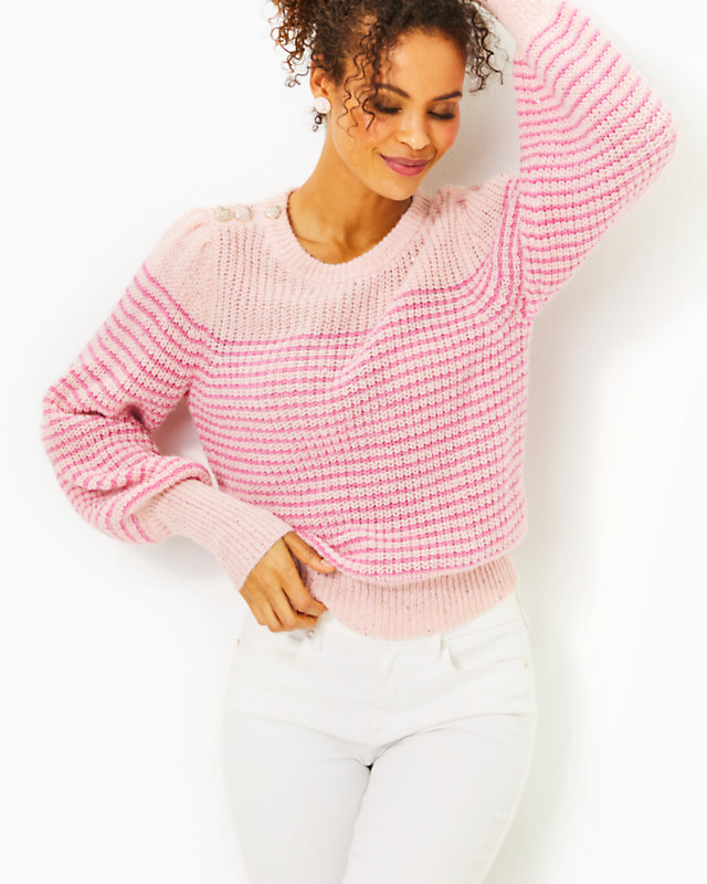 Finney Sweater, Peony Pink Sparkle Stripe, large - Lilly Pulitzer