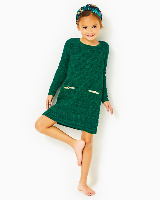 Girls Lolo Sweater Dress, Evergreen Metallic Tweed, large - Lilly Pulitzer