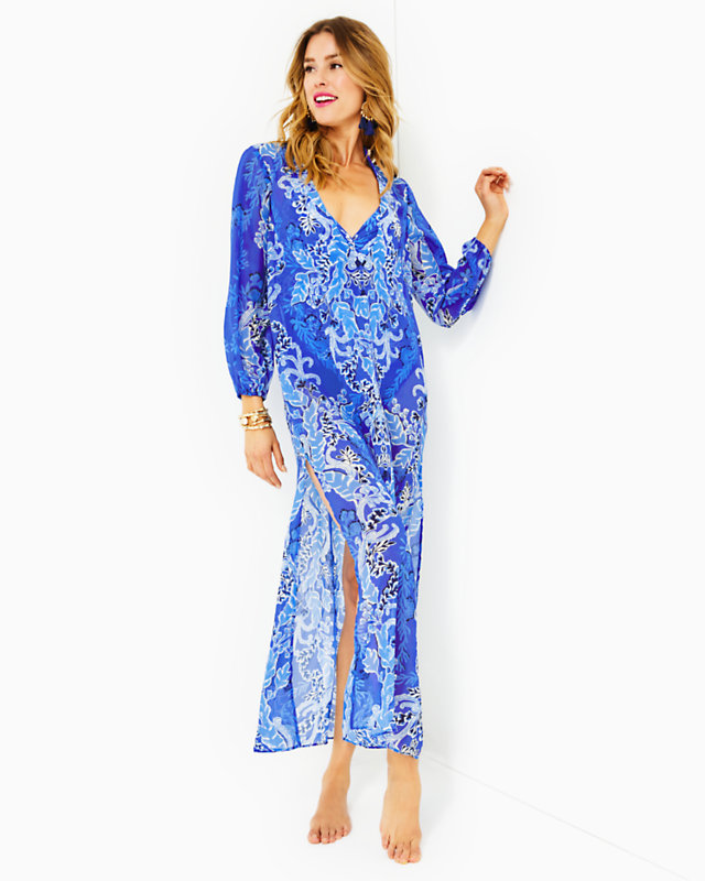 Keir Maxi Cover-Up, Alba Blue Baja Cove Engineered Coverup, large - Lilly Pulitzer