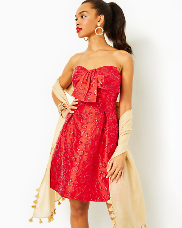 Kataleya Strapless Jacquard Dress, Amaryllis Red Puff Floral Brocade, large - Lilly Pulitzer