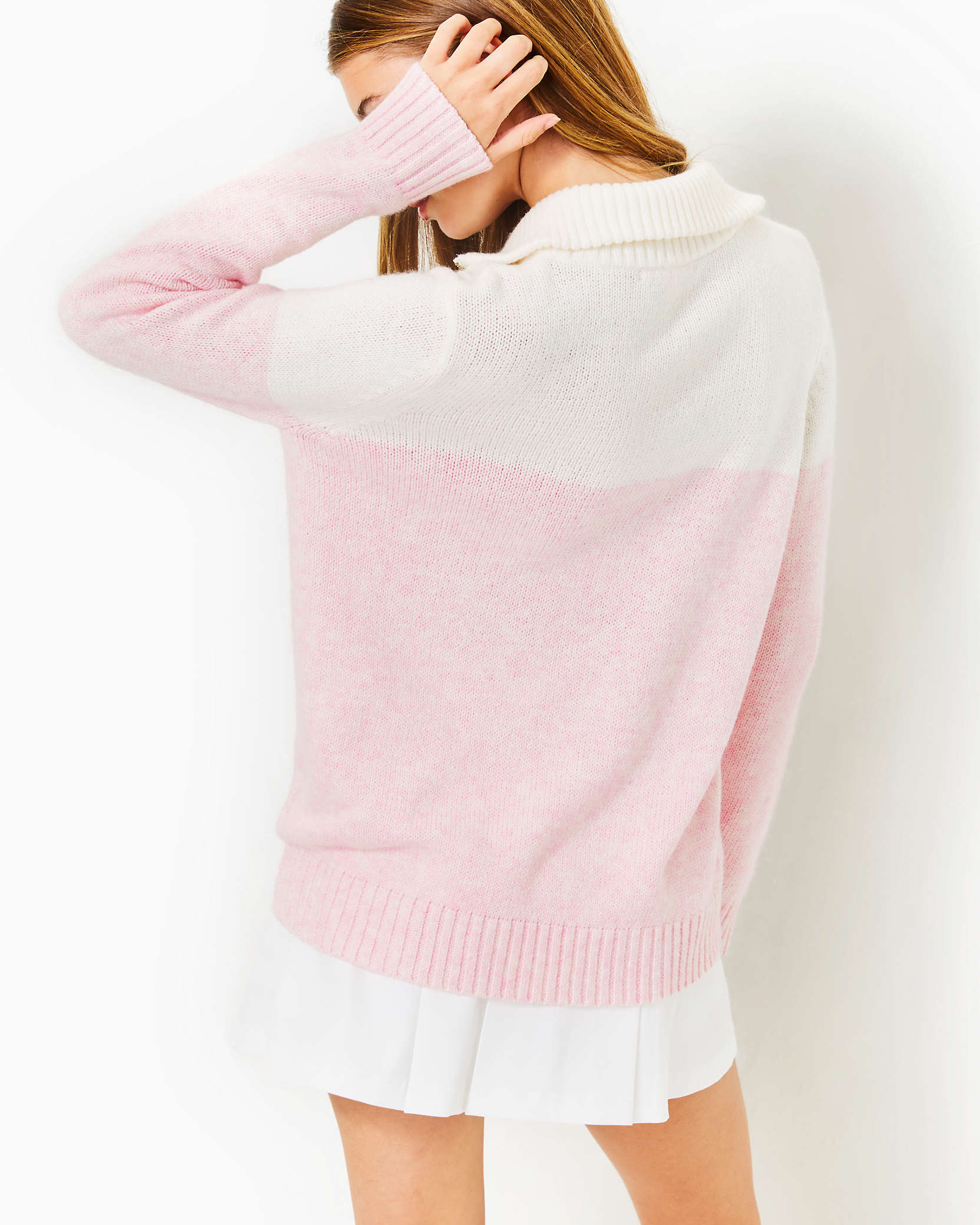 Shop Lilly Pulitzer Dorset Collared Sweater In Pastel Confetti Pink On The Court Colorblock