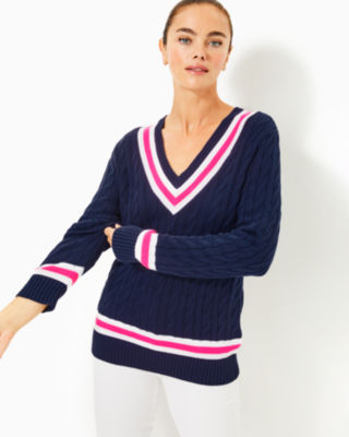 Brockton Cotton Sweater, Low Tide Navy X Passion Fruit Pink Tipping, large - Lilly Pulitzer