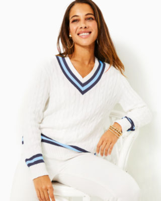 Brockton Cotton Sweater, Resort White X Bonaire Blue Tipping, large - Lilly Pulitzer