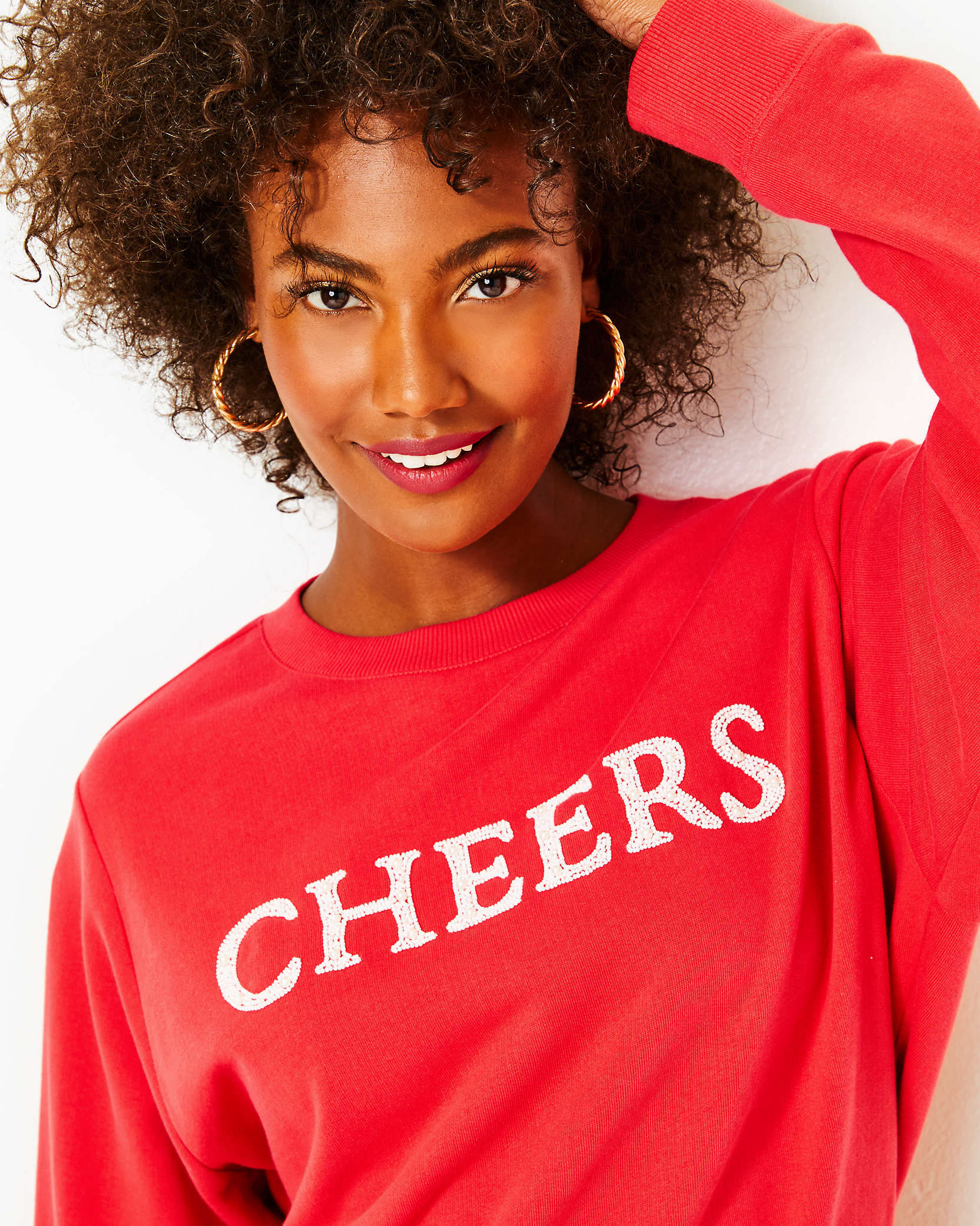 Lilly Pulitzer Ballad Cotton Sweatshirt In Amaryllis Red Cheers Graphic