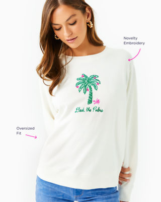 Lilly Pulitzer Ballad Cotton Sweatshirt In Coconut Deck The Palms Embroidery